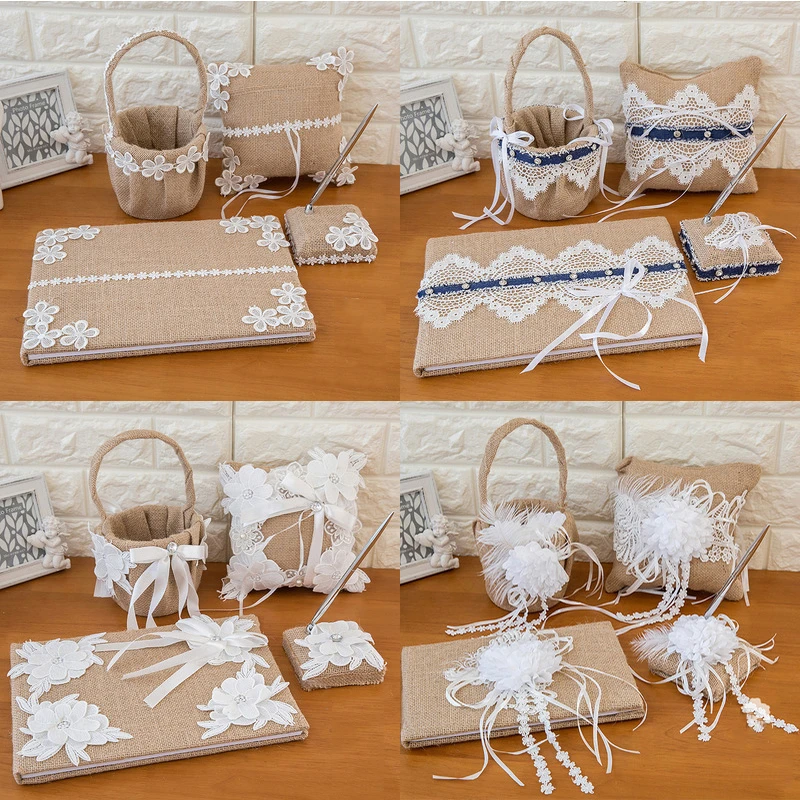 

4pcs Set Luxury Linen Wedding Flower Basket Ring Pillow Lace Wedding Guest Book Signing Pen Banquet Creative Wedding Decoration