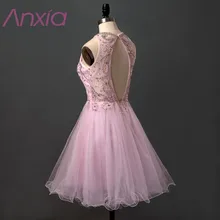 New Style Pale Pink Beaded Organza Short Prom Dresses 2017 Robe De Soiree Anxia A-Line Sequined Evening Dress Formal Party Dress