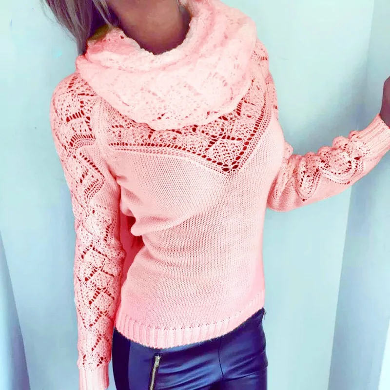 

2019 winter love style solid fashion female sweater computer knitted scarf collar pullovers button woman sweaters