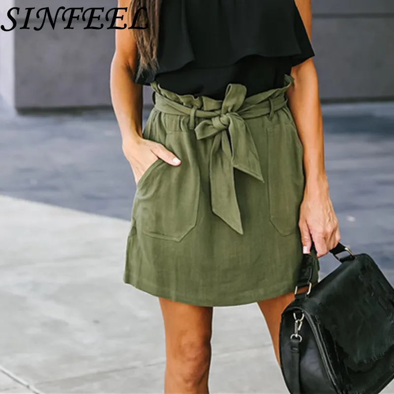 

SINFEEL Vacation Boho Bohemian Beach Ruffle Trim Self Tie Elastic High Waist Belted Bow Shorts Summer Women Casual Shorts