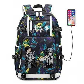 

Black Bulter Kuroshitsuji Backpack USB Port Rucksack Bag Snake Pattern Teenager Student School Bags travel Shoulder Laptop Bag