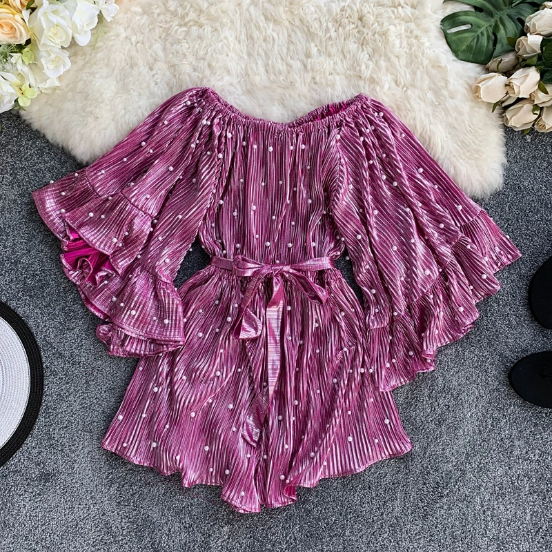 

Beading Off Shoulder Short Women Jumpsuit Ruffle Overalls Rompers Sexy Korean Tunic Plus Size Summer Beach Boho Women Jumpsuit