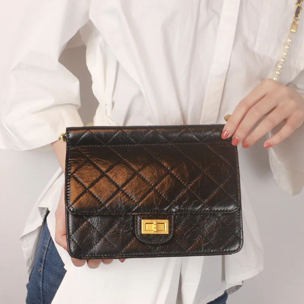 

Caker Brand 2019 Women Genuine Leather Diamond Lattice Handbags Fashion Beaded Chain Shoulder Bags