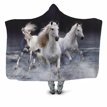 

Three Horses 3D Printed Plush Hooded Washable Blanket for Adult Child Sofa Quilt Warm Wearable Fleece Throw Blanket Home Office