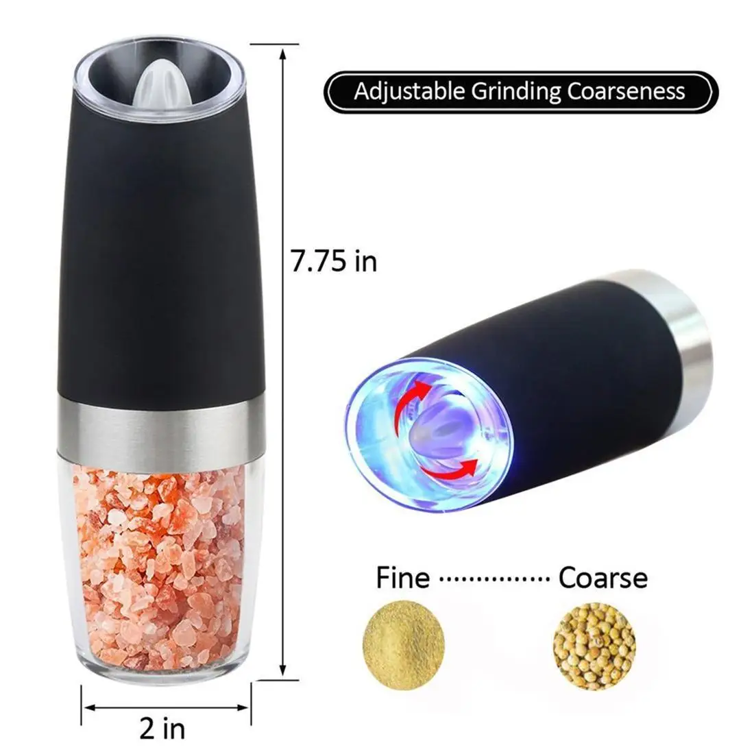 Set of 2 Electric Gravity Pepper& Salt Grinder with LED Light Automatic Adjustable Pepper Spice Mill Kitchen Grinding Tools