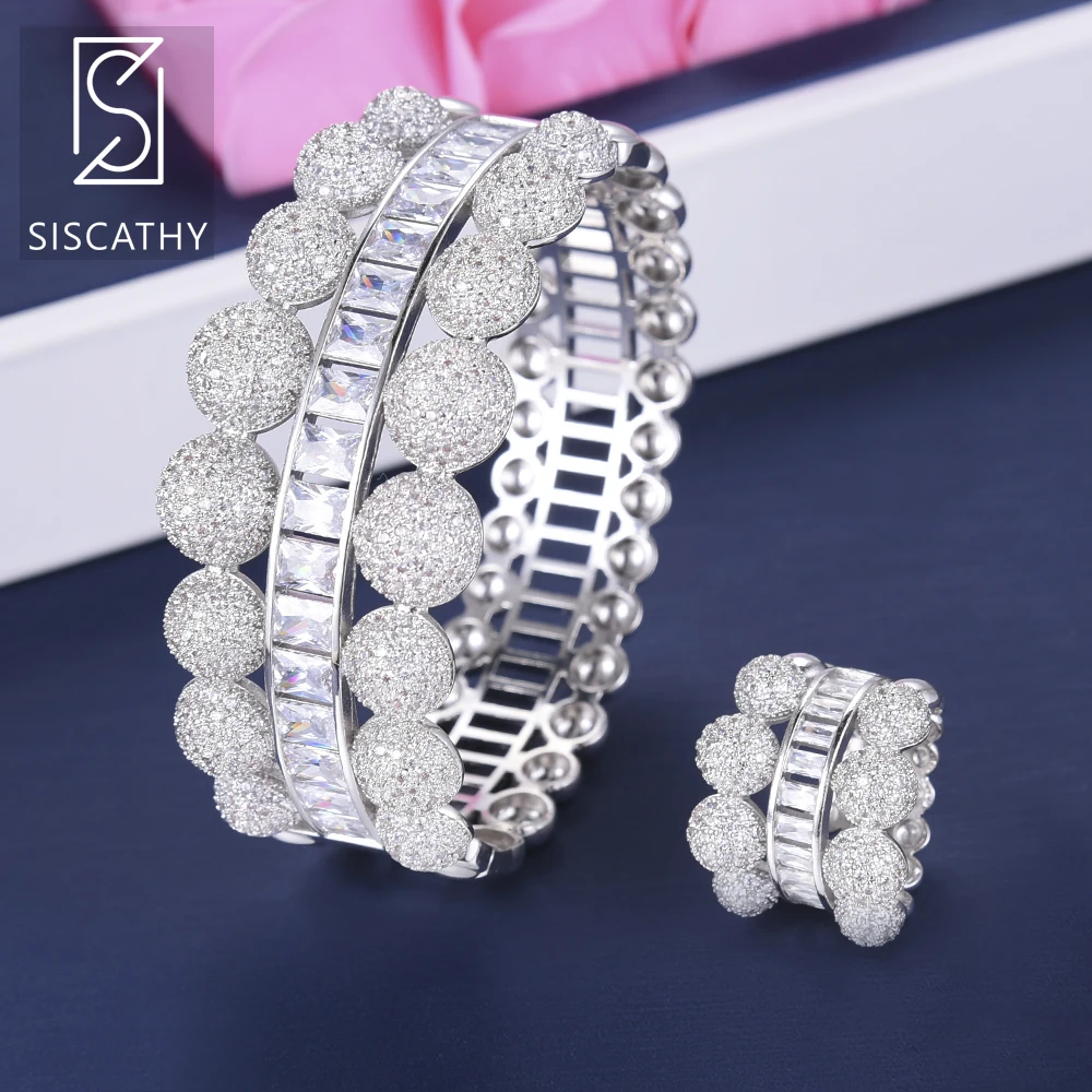 

SISCATHY Luxury Cubic Zirconia Inlaid indian jewelry set wedding Bracelet Ring Round Bubble Shape parure bijoux femme