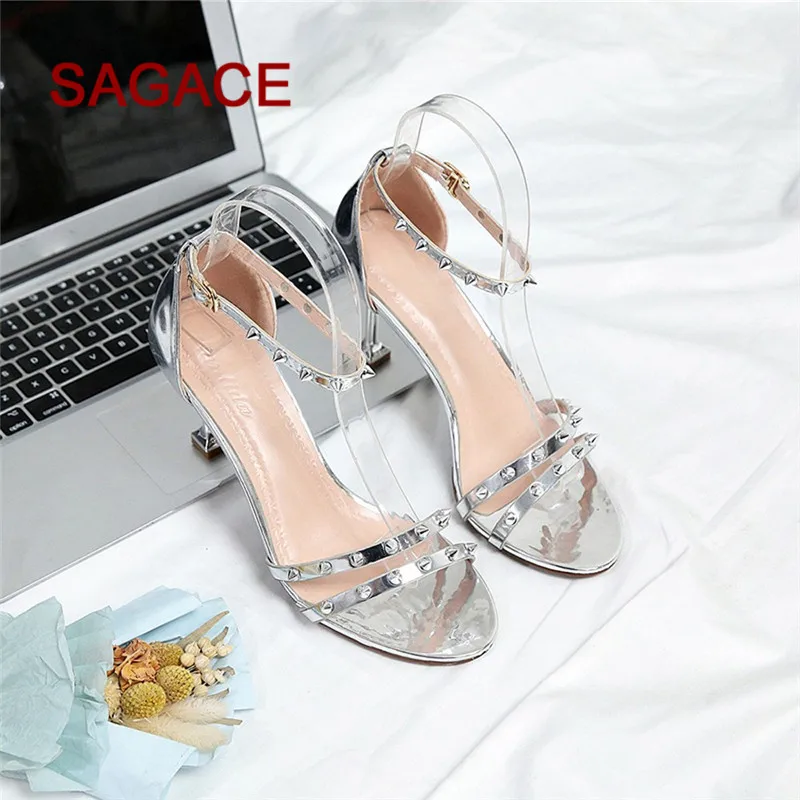 

HB@Fashion Women Round Toe Rivet Sandals Ankle High Thin Heels Party Open Toe Shoes