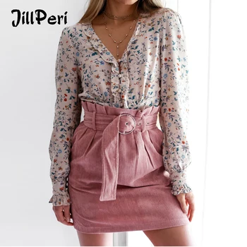 

JillPeri Women Ruffles High Waist Pink Skirt with Sashes Fashion Sweet Solid Daily Outfit Short Bottoms Girl Autumn Mini Skirt