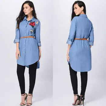 

fashion high quality embroidery girl's denim shirt casual turn down collar long sleeve blouses for muslim women clothing