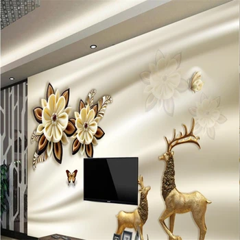 

beibehang Custom wallpaper 3d handmade flowers gold deer wallpaper TV background living room bedroom wall decoration