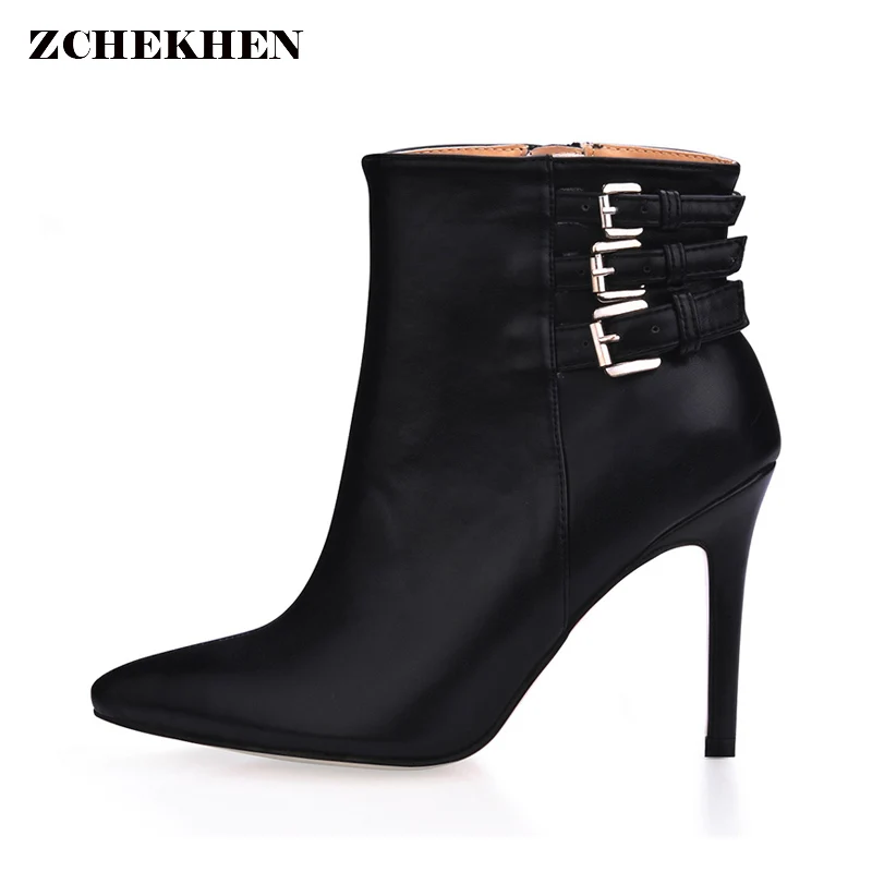 

2018 Women Ankle Boots high heels leather buckle short booties new black point toe women party shoes