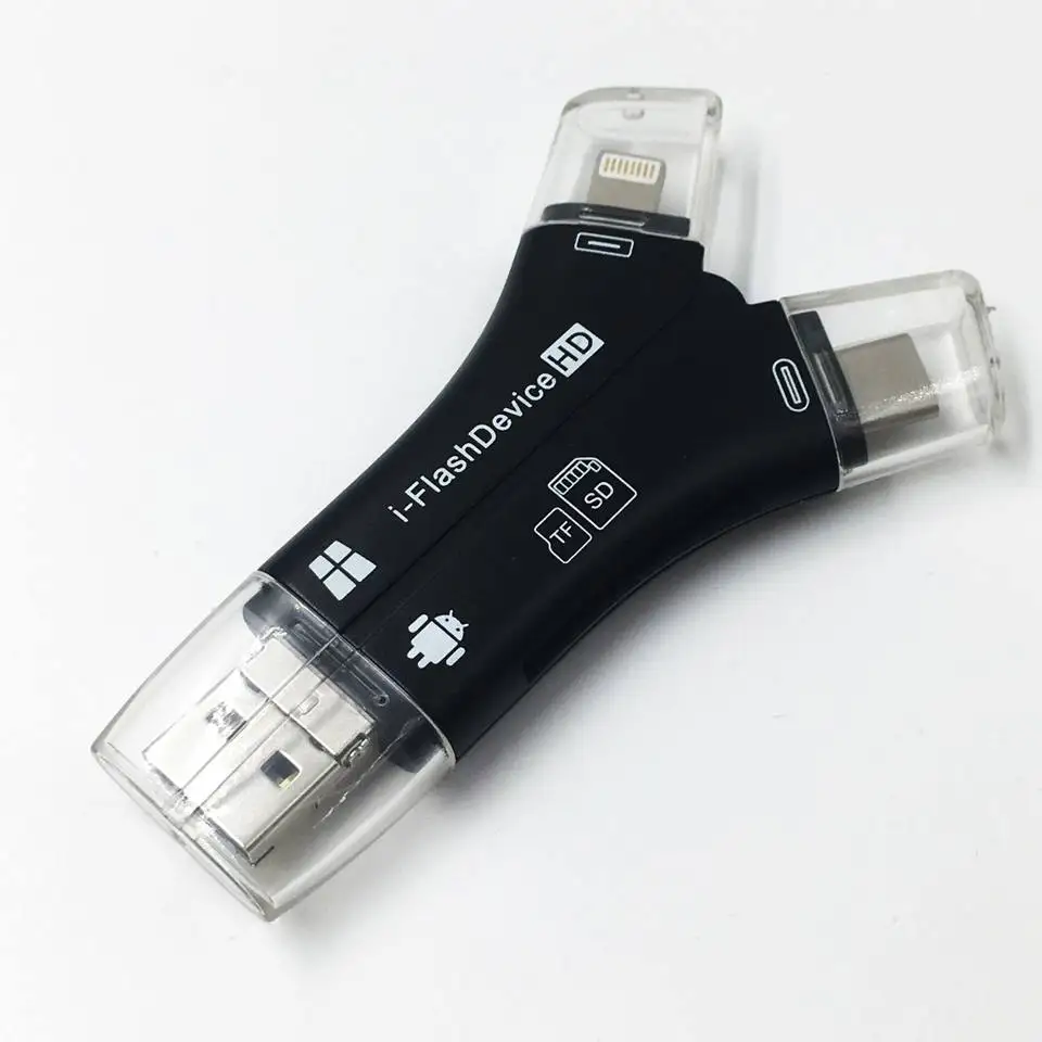 Кард-ридер 4 в 1 i флэш-накопитель USB Micro SD и TF кард-ридер адаптер для iPhone 5 6 7 8 X для iPadMacbook Android камера Tpye C - Цвет: Черный