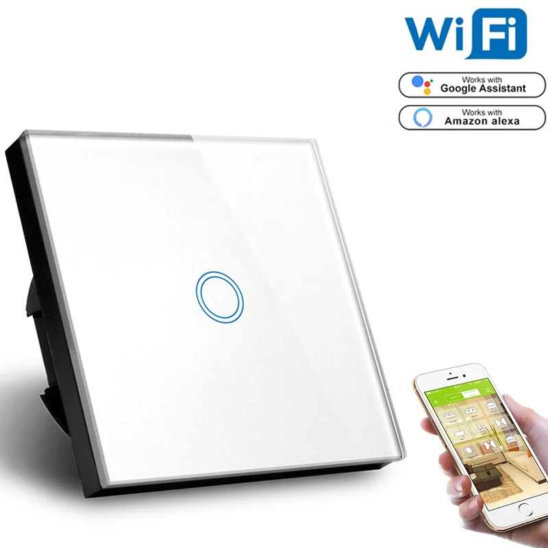 ASEER, умный дом стандарт ЕС 1 банда умный wifi выключатель света 1000 Вт, черная Хрустальная стеклянная панель, совместимая Alexa Google Assistant