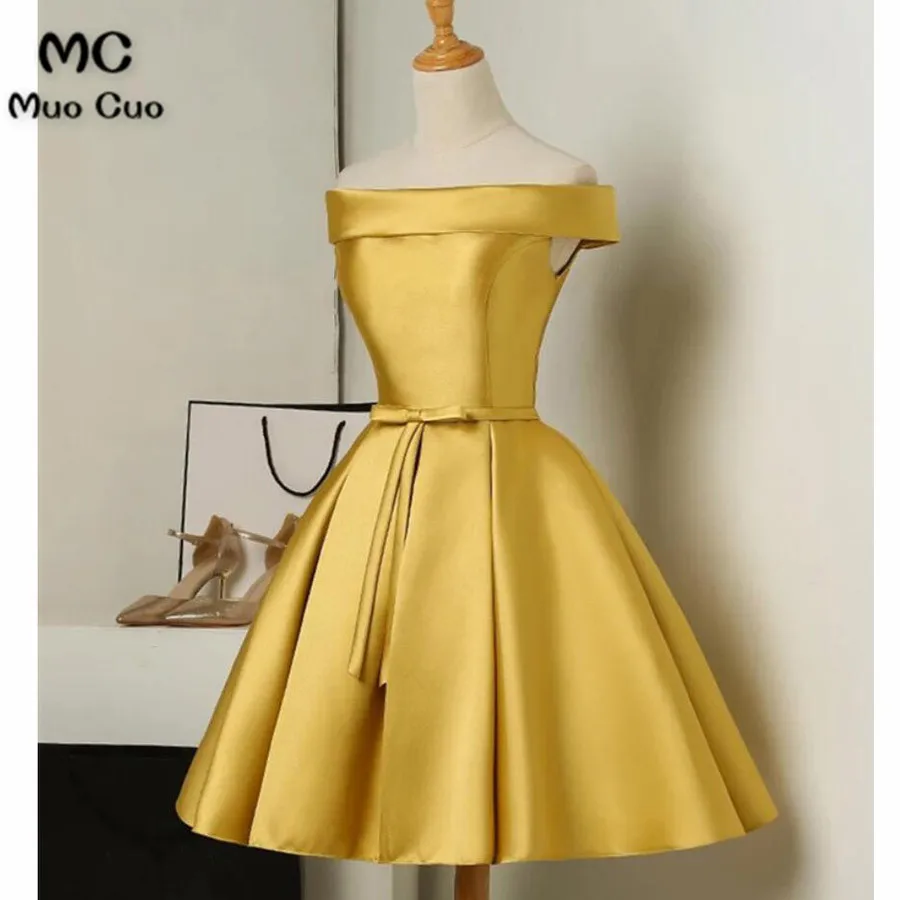 Beautiful Gold Short Satin Off Shoulder Homecoming Dress, Simple Knee Length Teen Formal Dress, Satin Formal Dress