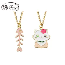 

XY Fancy DIY Trendy Cat Fish Bone Pendant Enamel Choker Necklace Gold Chain Cartoon Cat&Fish Necklaces&Pendants Anime Gifts ZK35