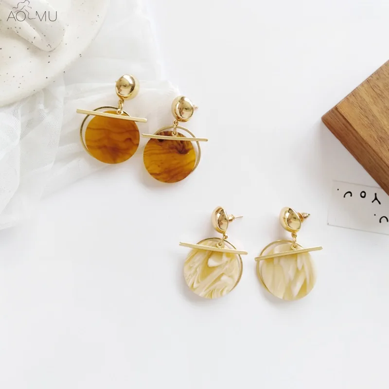 

AOMU New Vintage Fashion Resin Acrylic Geometric Round Circle Metal Dangle Drop Earrings for Women Girl Party Accessories