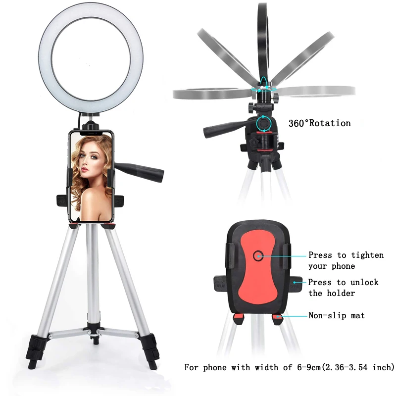 

Phone Photography 20CM LED Dimmable Fill Ring Light Holder Bracket Live Show Beauty Selfie Tripod Stand Clip Photo Studio Kit