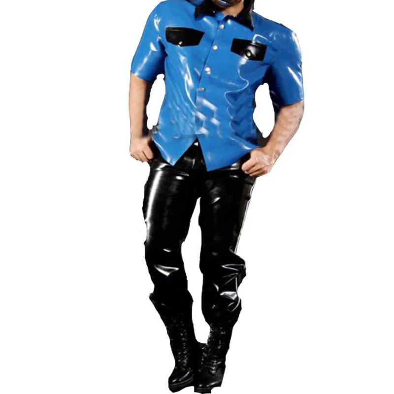 

Latex Natural Rubber Police Uniform Hooded Navy Blue Top Black Pants Latex Catsuit Latex Bodysuits Customize Size XXS-XXL
