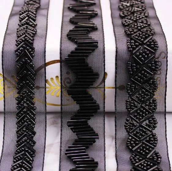 10 ярдов Бисероплетение жемчужная отделка бисером лента для шитья одежды воротник головной убор аксессуары черная сетка кружево украшение