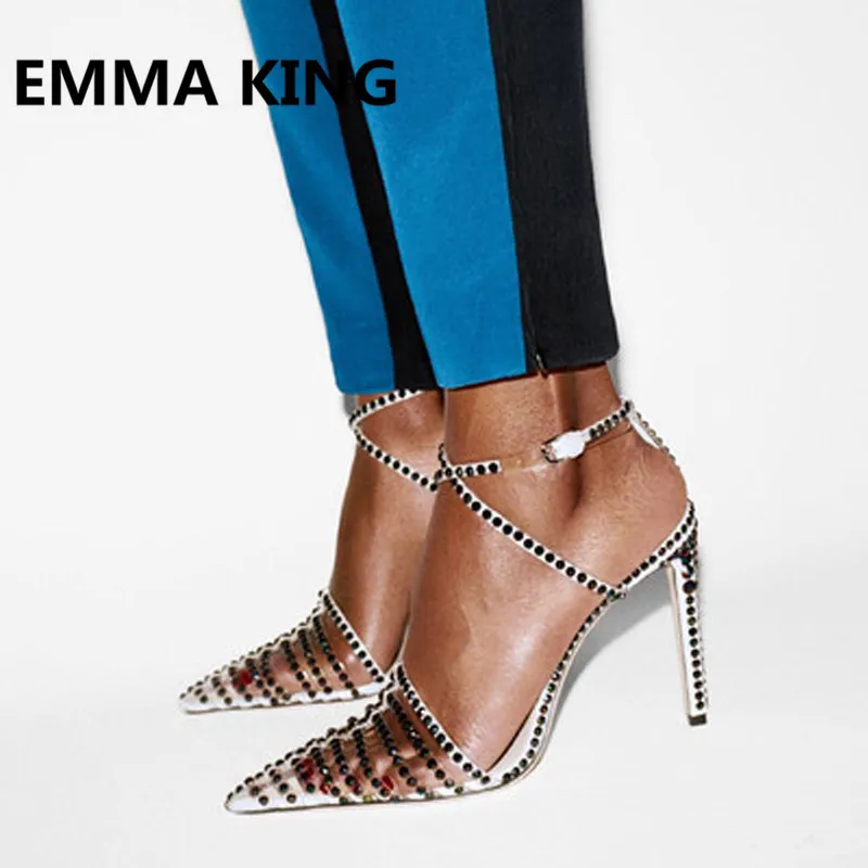 

2019 New Crystal Studded Sandals Women Pointed Toe Ankle Strap High Heels Ladies Runway Slingbacks Shoes Woman Gladiator Sandals