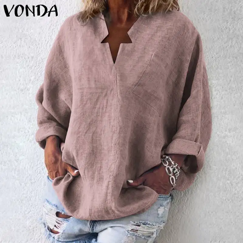 VONDA 6 Colors Vintage Blouse Women Casual Shirt 2019 Spring V-Neck Long Sleeve Tops OL Blusas Beach Women's Tunic Plus Size - 33037818861