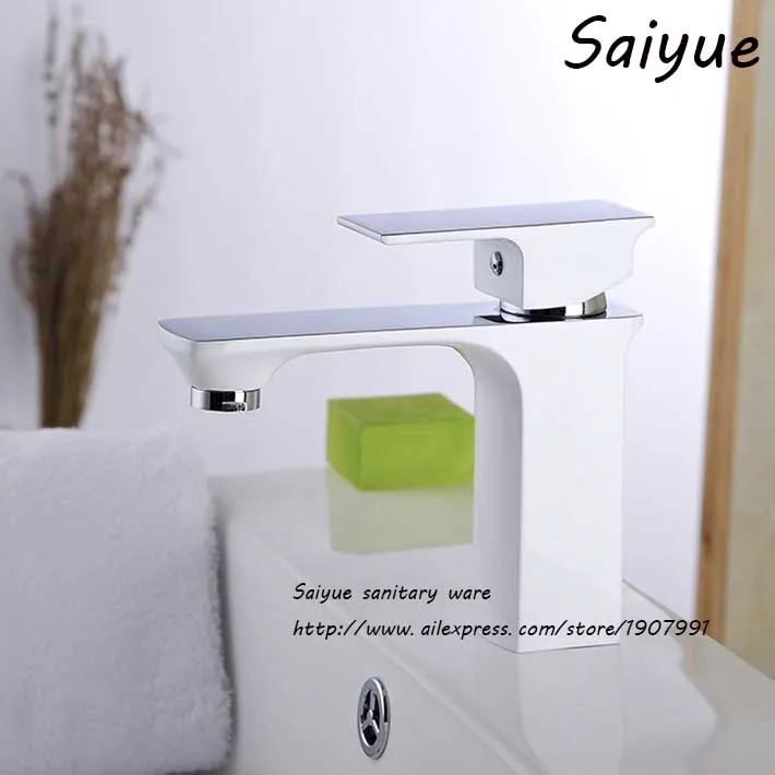 

Simple White Painting Single Handle Faucet Hot & Cold Mixer Brathroom Water Tap Deck Mounted Centerset Basin Faucets