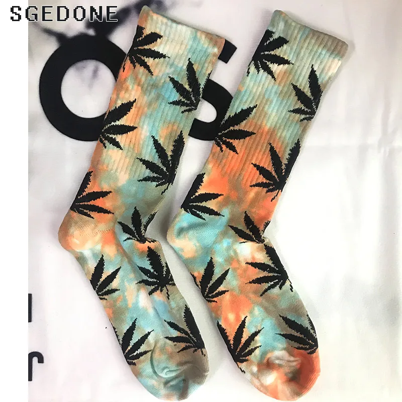 

1 Pairs New Tie-dyed Maple Leaf Socks Long Fashion Weed Skateboard Hiphop Men Socks Meias Couple High-quality Socks