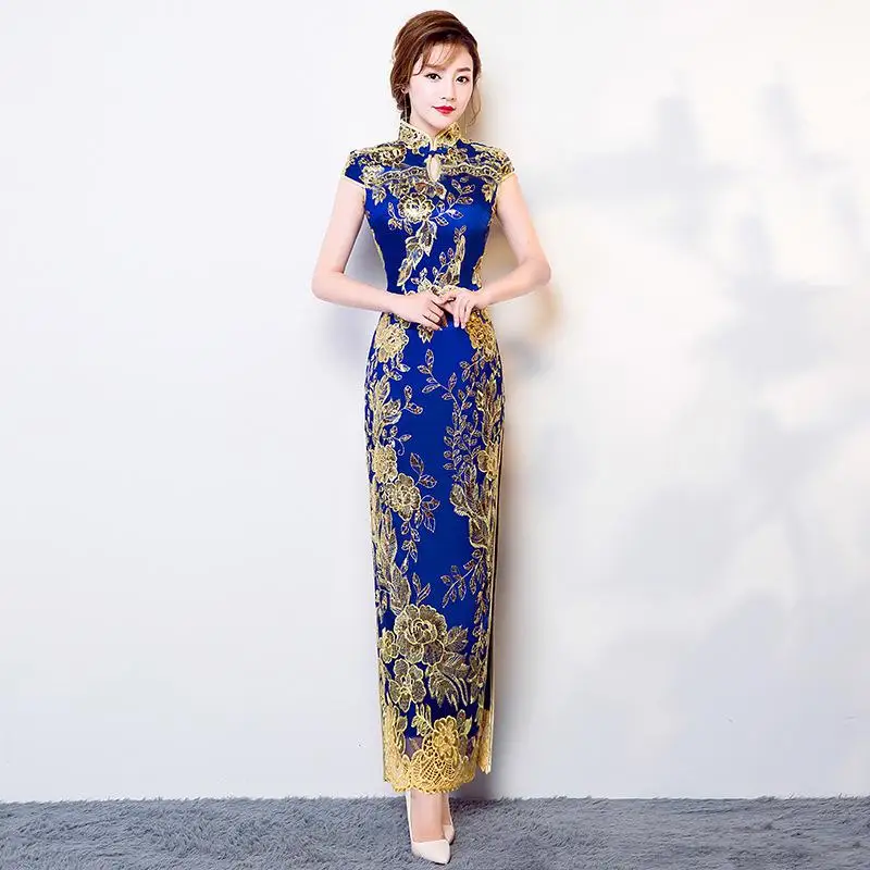 Винтажное китайское стильное чонсам, свадебное платье синего цвета, женское кружевное длинное платье Qipao, вечерние платья в стиле ретро, одежда Vestido s-xxxl - Цвет: Синий