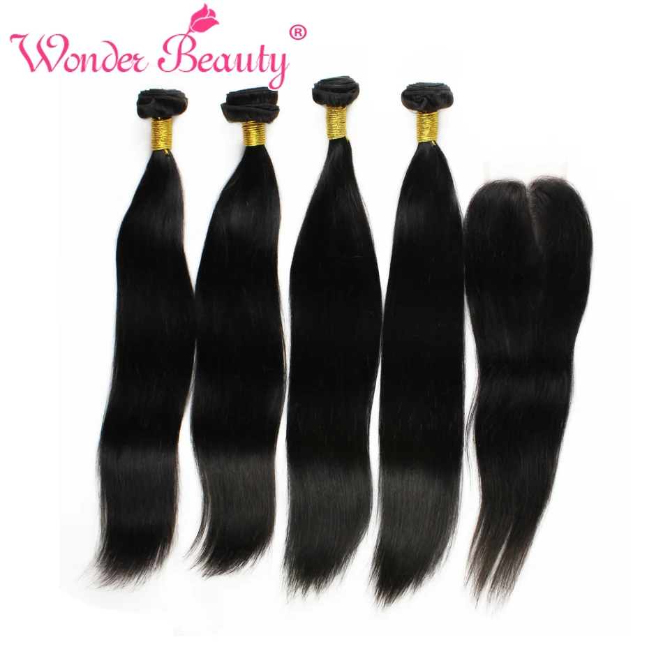 

Wonder Beauty Malaysia Straight 4 Bundles With Closure 5 hair pieces non Remy Human Hair Weaves 8-28 inches Extensions free ship