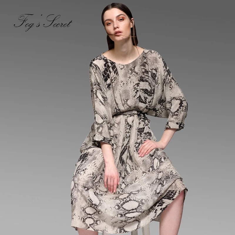 

Silk Dress For Women Brand Real silk Dress Loose Black 2019 Trend Animal pattern Printing M L XL Summer