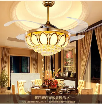 

Ceiling Fans K9 crystal Electroplate Golden luxurious LED Fans light Invisible fan blade telecontrol adjustable 32/36/42 inch