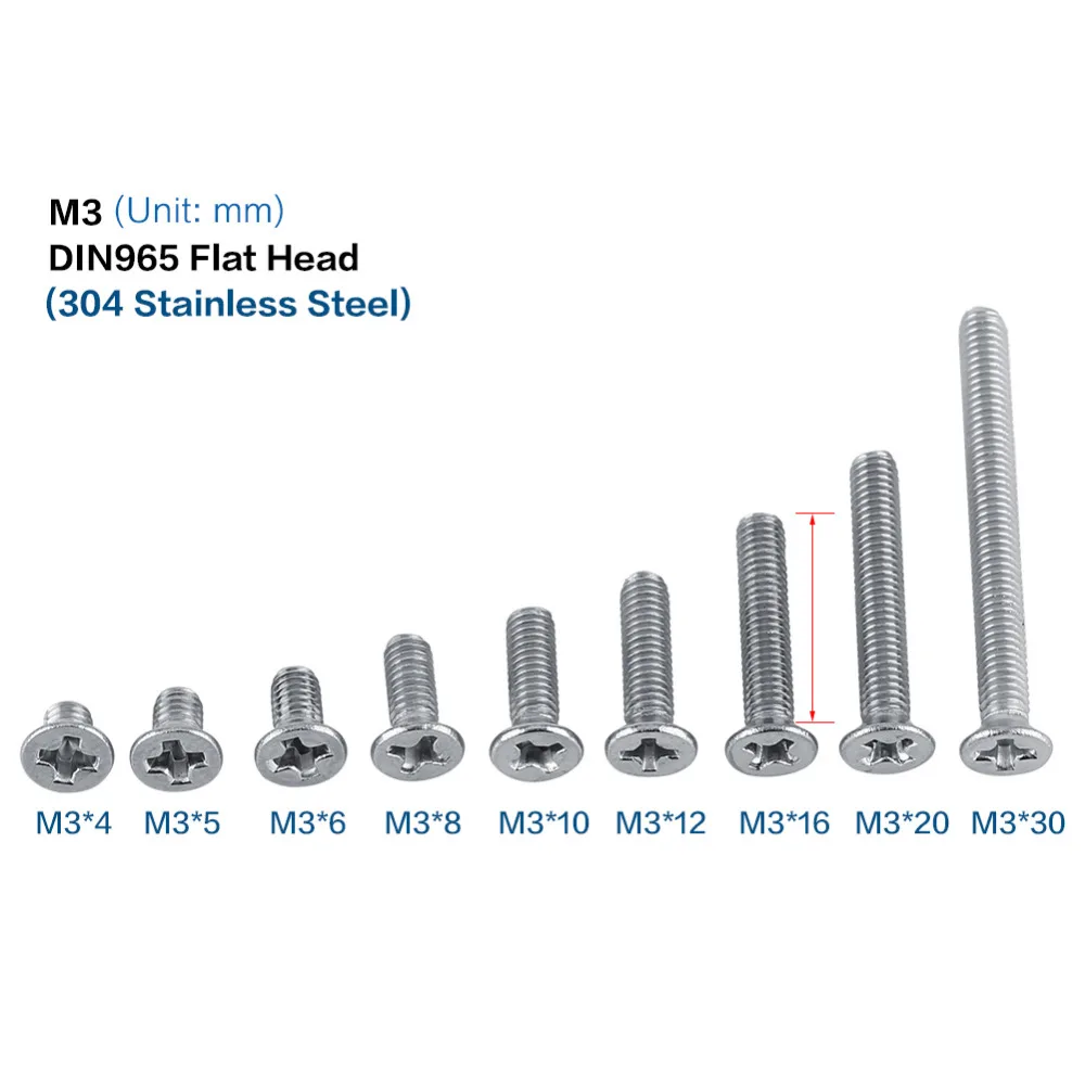 100Pcs/set M3 Stainless Steel SS304 Screws Machine Countersunk Screw