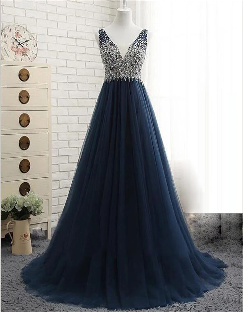 

Blue Evening Dresses 2018 Plus Size Tulle Appliques Long Formal Dresses V Neck Lace Up Sleeveless Backless Robe De Soiree