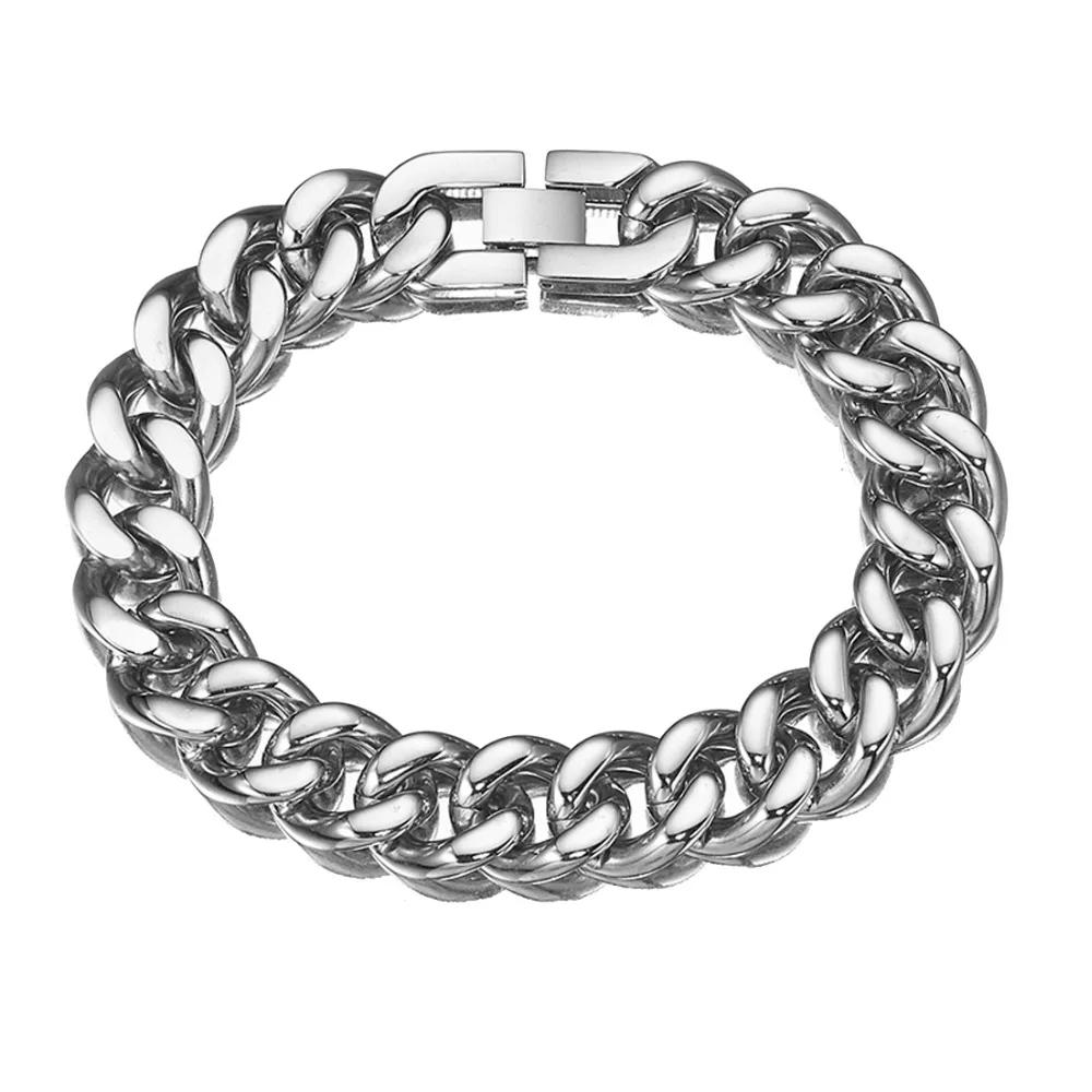 

Granny Chic New Style Good Quality Stainless Steel Men Bracelet 15mm Wide 7-11 Inch Smooth Cuban Chain Biker Jewelry