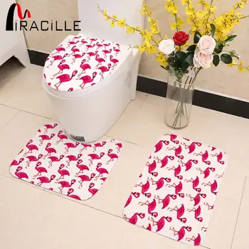 

Miracille Pink Flamingo Pattern 3 Pieces Bathroom Set Toilet Seat Cover U shaped Rug Coral Fleece Bath Accessories Small Carpet