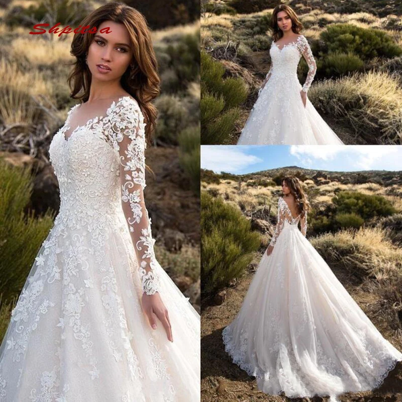 Long Sleeve Lace Wedding Dresses Ball Gown Vintage Sequin Plus Size Bride Bridal Weding Weeding Dresses Wedding Gowns