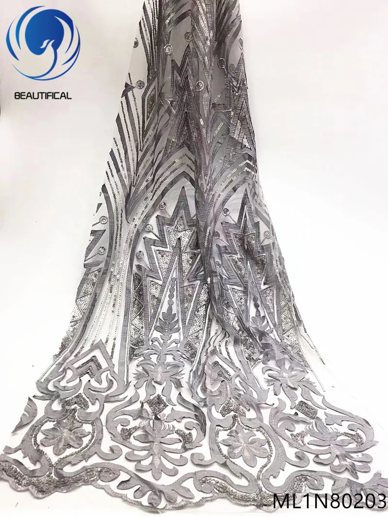 

Beautifical nigerian lace fabrics 2019 New exquisite embroidery french net lace with sequins 5yards lace sequins fabric ML1N802