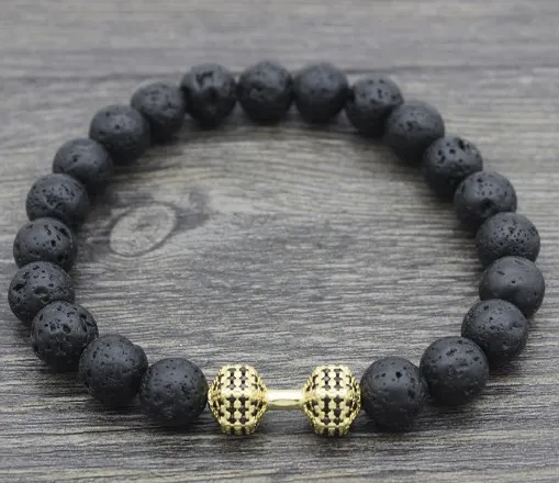 

8mm k4543 Dumbbell micro pave cz zircon elastic thread black volcanic lava Stone bead essential oils diffuser Bracelet Bangles