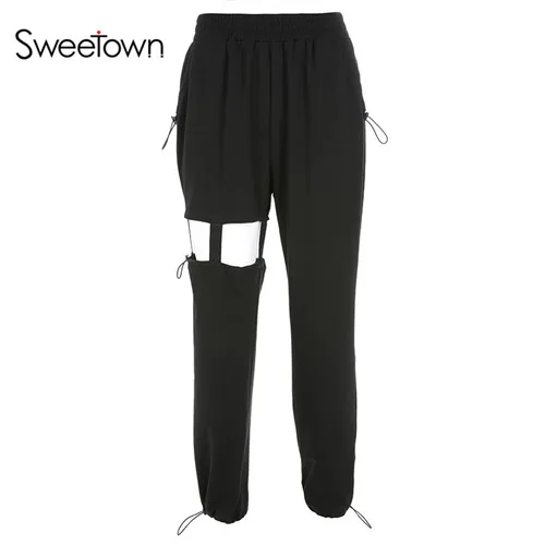 Sweetown хиппи уличная лента Лоскутная Высокая талия брюки женские черные уличный стиль Карманы Полые Пот брюки женские брюки - Цвет: black
