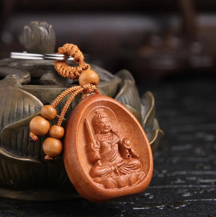 

Chinese Peach Wood Carved The Patron Saint Of The Zodiac Chicken Acala Buddha Exquisite Car Key Chain Pendant