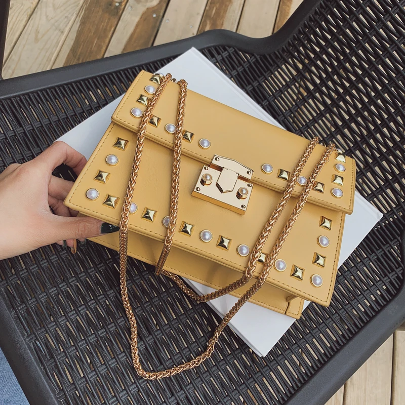 

2019 Summer Fashion New Flip Square bag High Quality PU Leather Women's Designer Handbag Rivet Lock Chain Shoulder Messenger bag
