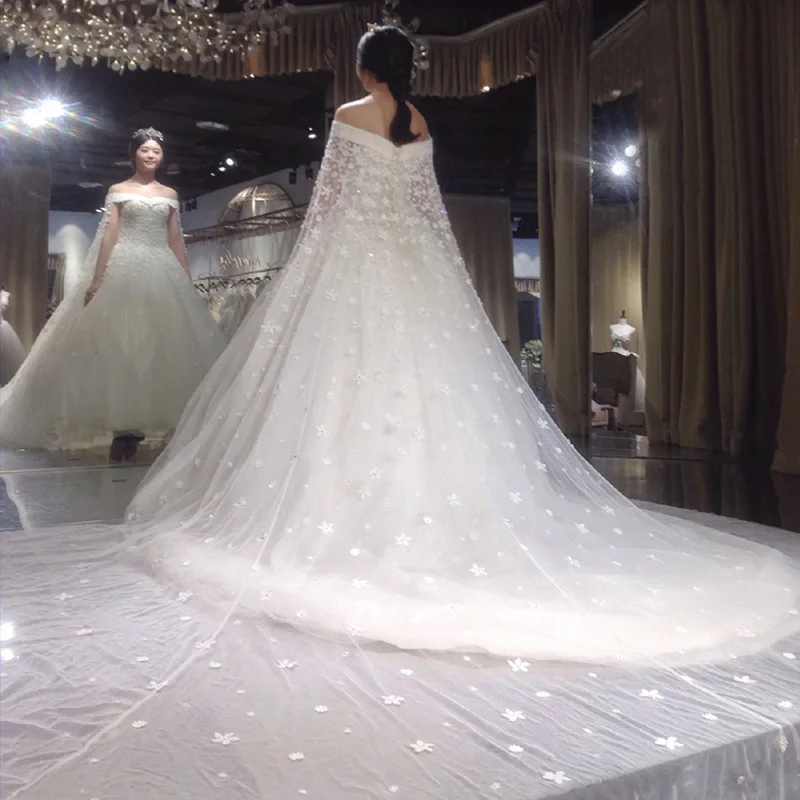 

Mingli Tengda Many Flowers Wedding Dresses Boat Neck Pearls Beaded Wedding Dress Bride Dress With Shawl Sleeve Robe De Mariee
