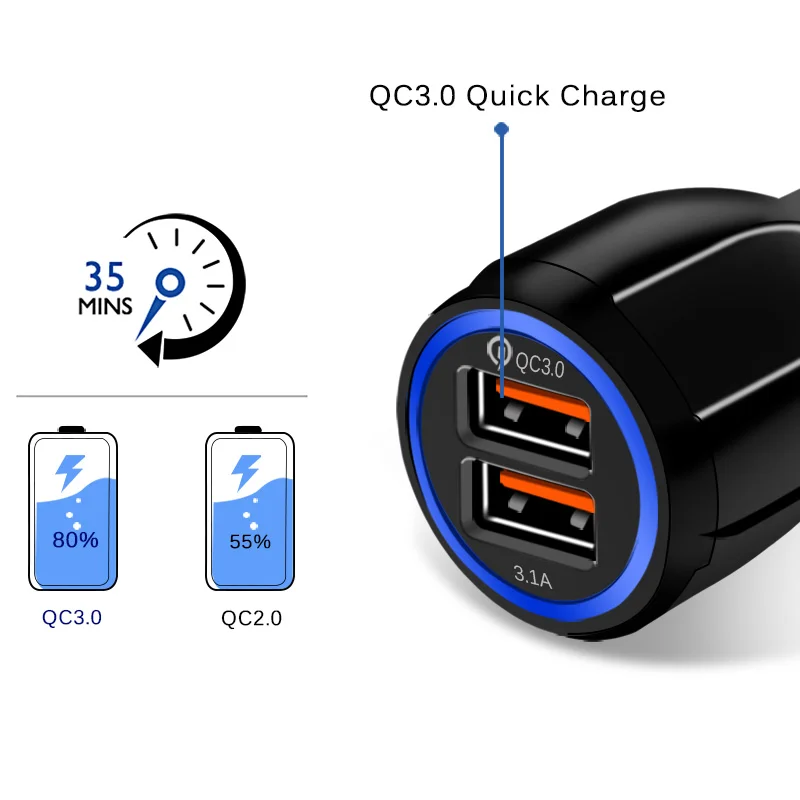 Quick Charge 3.0 سيارة شاحن آيفون سامسونج XiaoMi المزدوج USB مصباح ليد سيارة-شاحن شحن سريع الهاتف المحمول العالمي