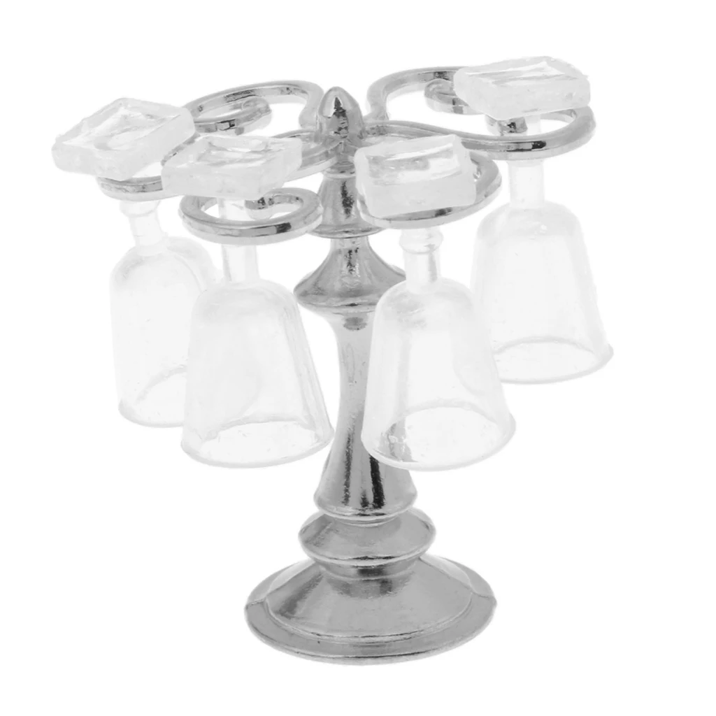 1/12 Dollhouse Miniature Bar Life Scenes Decor  - Silver Glass Wine Cup Holder & 4 Pieces Goblet Kits Kids Pretend Play Toy