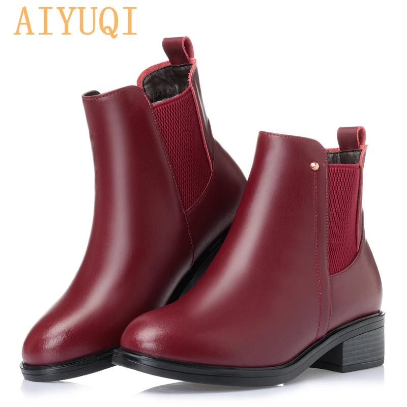 

AIYUQI 2019 winter new genuine leather women's Chelsea boots, warm sexy trend wool booties, large size 41 42 43 snow boots women