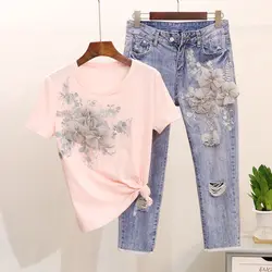 2019 летний модный женский джинсовый комплект розовая футболка Цветочная аппликация и вышитый цветок лодыжки джинсы повседневный комплект
