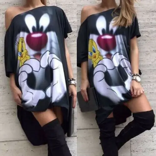 Cartoon Women Casual One Shoulder Mini Dress Woman Short Sleeve Sundress 2019 Summer Dresses Lady Streetwear Vestidos S-XL