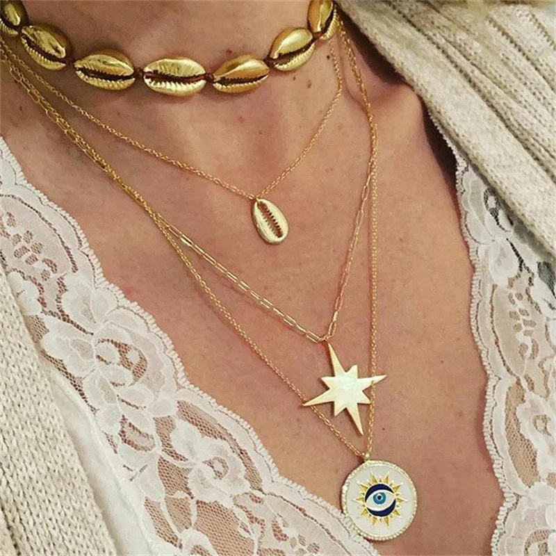 

Bohemia Women Gold Shell Star Moon Eye Pendant Multilayer Clavicle Chain Bohemian Charm Jewelry Accessories Gift A Direct Sale