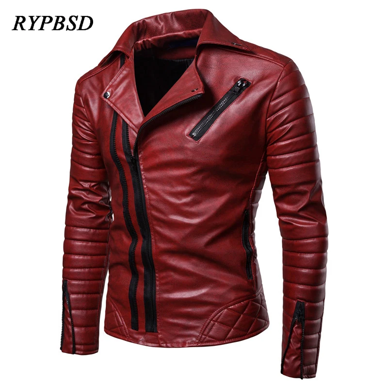 

New 2019 Leather Jacket Men Fashion Casual Multi-Zipper Large Size Red Black PU Faux Leather Motorcycle Biker Jacket Men M-4XL