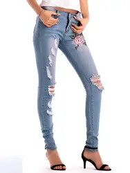 Сезон весна; Новинка; с вышивкой; джинсовые брюки с дырками повседневная женская обувь со средней посадкой узкие джинсовые штаны-карандаш